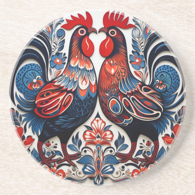Posavasos Par de gallos de estilo Dala (Frente)