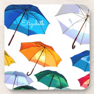 Posavasos Paraguas Flotantes Coloridos en Cielo Blanco, Nomb