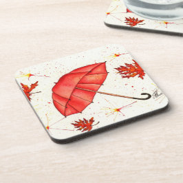 Posavasos Paraguas rojos luminosos y hojas rojas acuarela