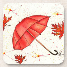 Paraguas rojos luminosos y hojas rojas acuarela