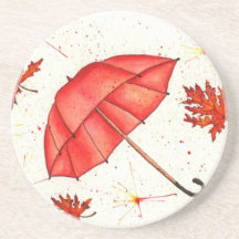 Paraguas rojos luminosos y hojas rojas acuarela