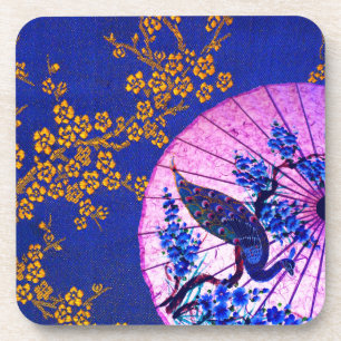 Posavasos Parasol oriental pavo real flores japonesas azul