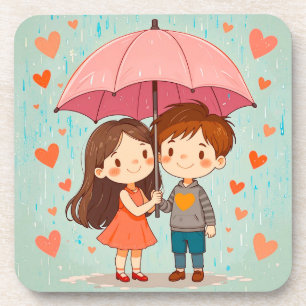 Posavasos Pareja de dibujos animados sonriendo bajo paraguas