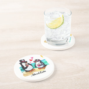 Posavasos Pareja de pingüino divertida, animales enamorados