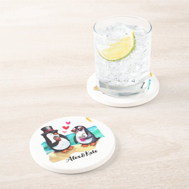Posavasos Pareja de pingüino divertida, animales enamorados (Lado)