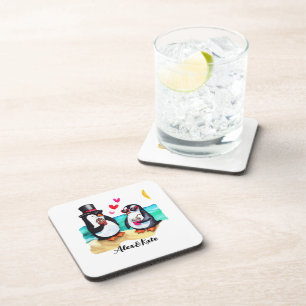 Posavasos Pareja de pingüino divertida, animales enamorados