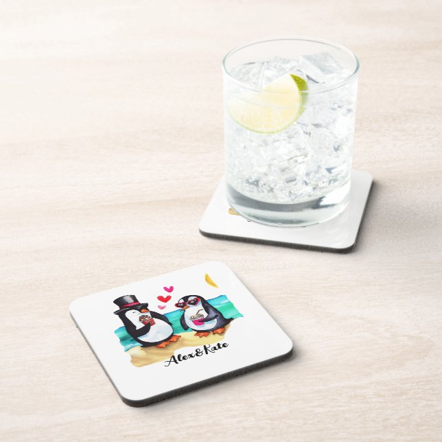 Posavasos Pareja de pingüino divertida, animales enamorados (Lado Derecho)