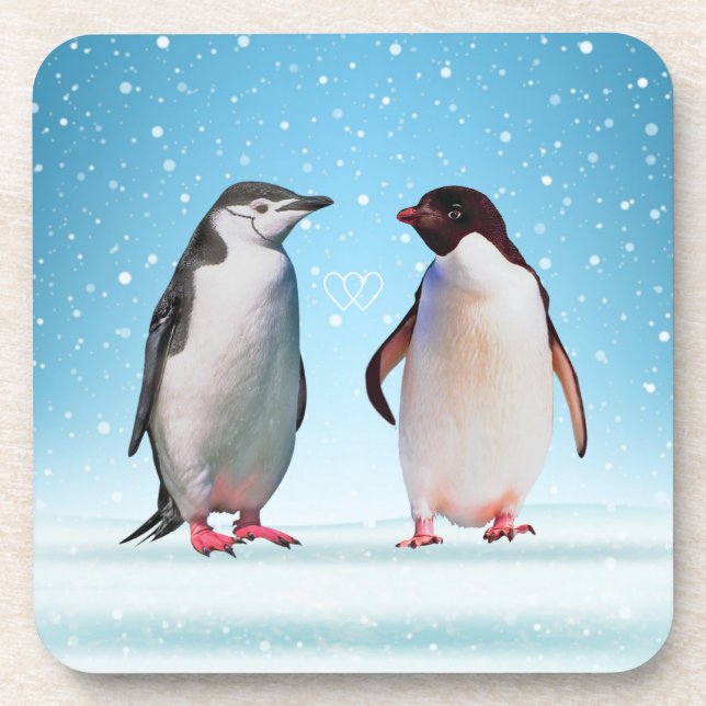 Posavasos Pareja de pingüinos felices y corazones (Frente)