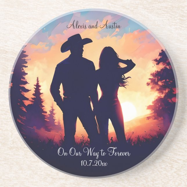 Posavasos Pareja de vaqueros aniversario para siempre (Frente)
