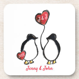 Posavasos Pareja pingüino y boda de globos cardíacos