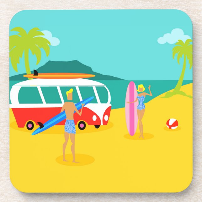 Posavasos Pareja Retro Surfer Pareja Duros Ataques Plásticos (Frente)