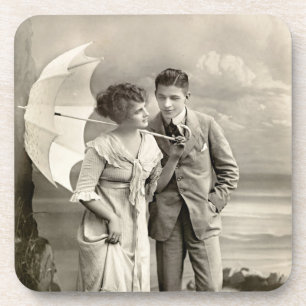Posavasos Pareja romántica vintage con parasol