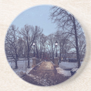 Posavasos Parque de la ciudad nevada de invierno por la noch