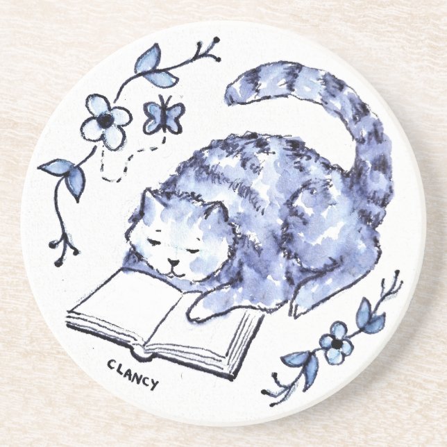 Posavasos Pascua de lectura de gato azul (Frente)