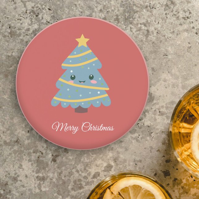 Posavasos Pascua roja con árbol de Navidad kawaii (Red Coaster with Kawaii Christmas Tree)