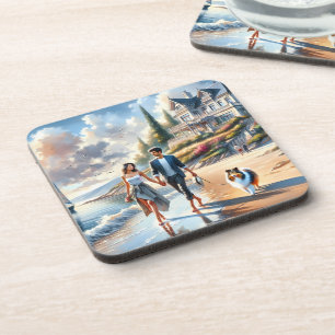 Posavasos Paseo al atardecer en una cabaña costera romántica