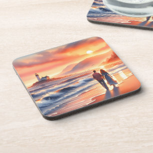 Posavasos Paseo romántico por el faro al atardecer en la cos