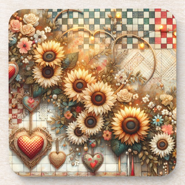 Posavasos Patchwork campestre con girasoles (Frente)