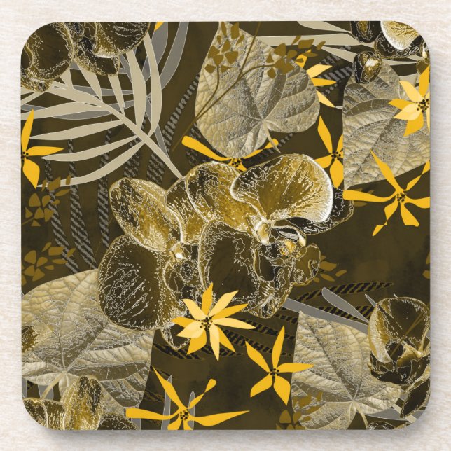 Posavasos Patrón acuarela amarillo-marrón floral. (Frente)