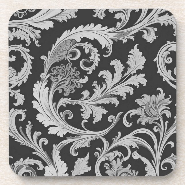 Posavasos Patrón antiguo de flores monocromo (Frente)