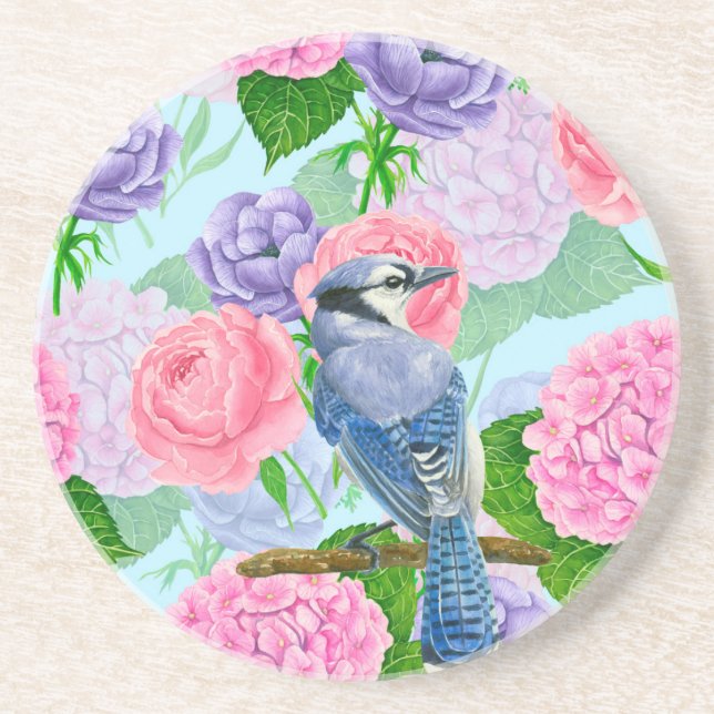 Posavasos Patrón de acuarela azul y flores (Frente)