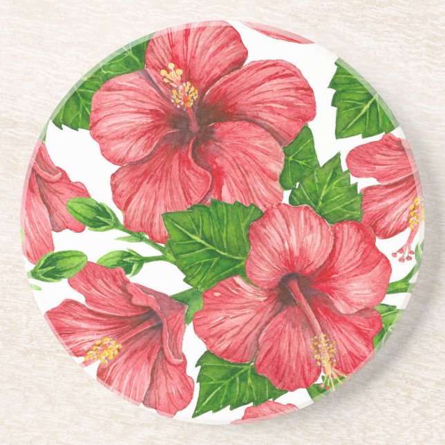 Posavasos Patrón de acuarela de hibiscos rojos (Frente)