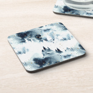 Posavasos Patrón de acuarela del bosque azul de medianoche