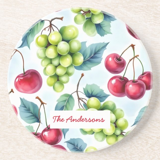 Posavasos Patrón de alimentos de frutas rojas verdes Cereza  (Frente)