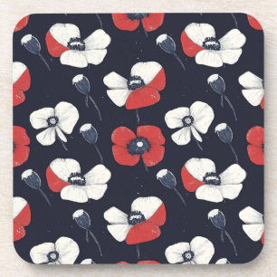 Posavasos Patrón de amapola blanca con acentos rojo y azul