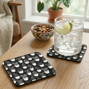 Posavasos Patrón de arte de la línea blanca de Cacti