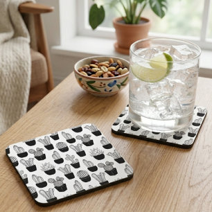 Posavasos Patrón de arte de la línea negra de Cacti