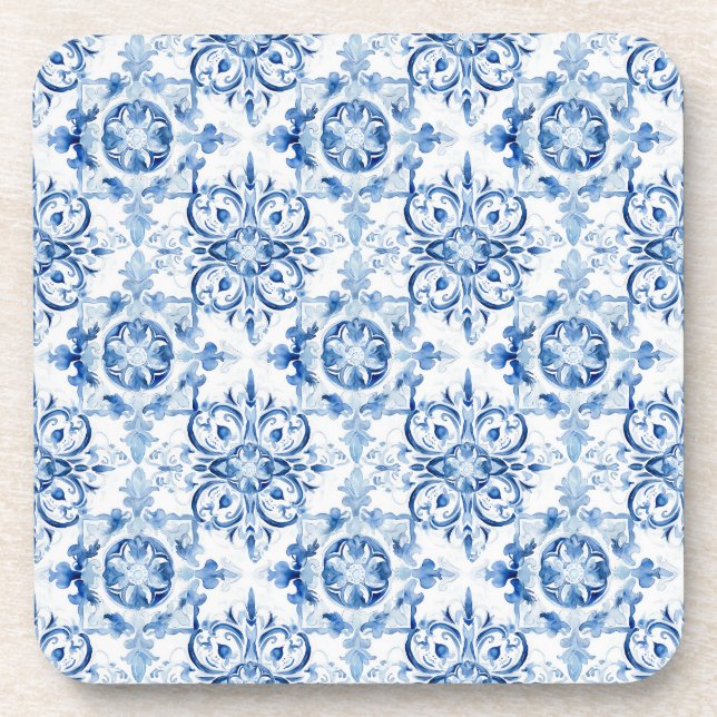 Posavasos Patrón de baldosas de acuarela azul y blanco itali (Frente)