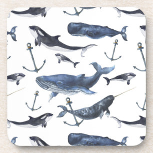 Posavasos Patrón de ballena y ancla acuarela