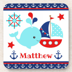 Posavasos Patrón de ballenas azul y anclas náuticas