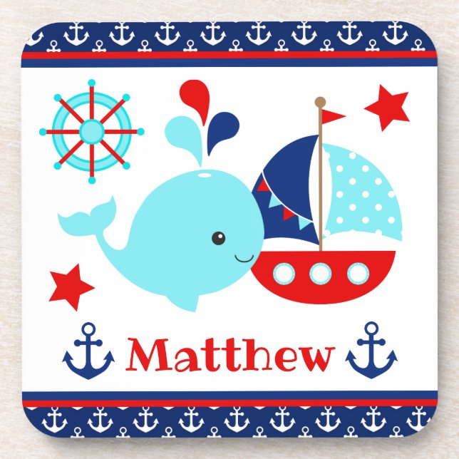 Posavasos Patrón de ballenas azul y anclas náuticas (Frente)