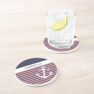 Posavasos Patrón de banda rosa de coral de luz náutica perso