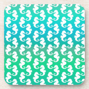Posavasos Patrón de caballito de mar lindo sobre azul verde