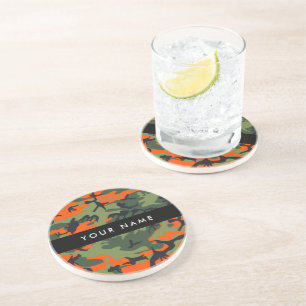 Posavasos Patrón de camuflaje naranja, tu nombre, personaliz