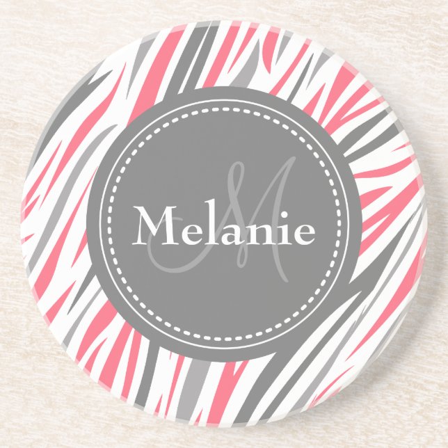 Posavasos Patrón de cebra rosa y gris monogramado (Frente)