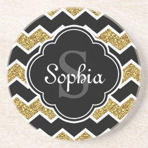 Posavasos Patrón de cheurón del Purpurina de oro blanco negr
