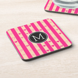 Posavasos Patrón de corazón moderno con rayas rosa caliente 