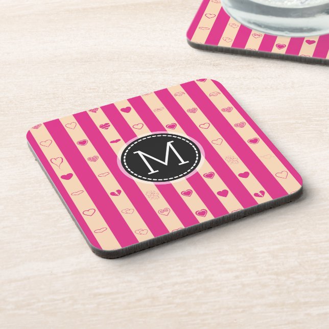 Posavasos Patrón de corazón moderno con rayas rosa caliente  (Lado Izquierdo)