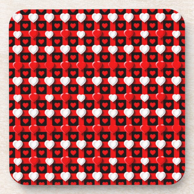 Posavasos Patrón de corazón rojo y blanco (Frente)