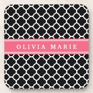 Posavasos Patrón de cuatrefoil negro rosado personalizado