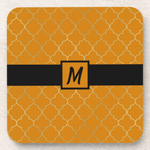 Posavasos Patrón de cuatro hojas amarillo cúrcuma y dorado