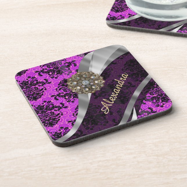 Posavasos Patrón de damasco de bonito magenta giratorio pers (Lado Izquierdo)