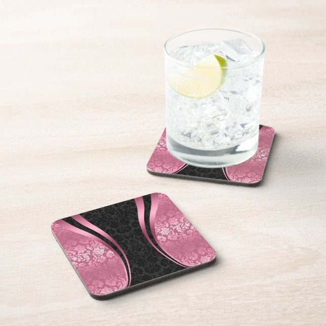 Posavasos Patrón de Damasco Floral Vintage negro y rosa (Lado Derecho)