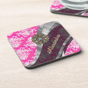 Posavasos Patrón de damasco giratorio de bonito rosa persona