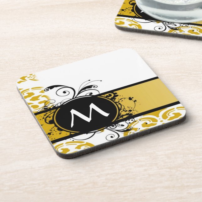 Posavasos Patrón de damasco monogramado de mostaza (Lado Izquierdo)
