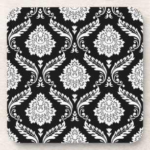 Posavasos Patrón de Damasco Rococó Blanco sobre Negro